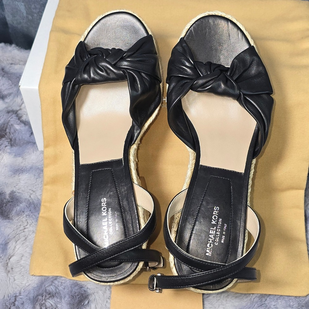 NWB Michael Kors Silvana Runway Wedge Sandals Black Leather Espadrille 8.5 - Picture 4 of 8